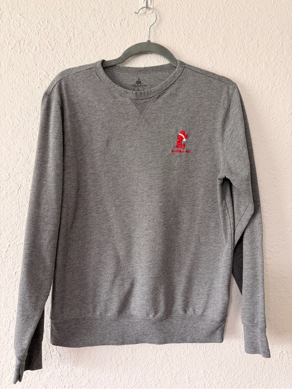 Disney Unisex Gray Crewneck Sweatshirt with Red Embroidered Christmas Mickey